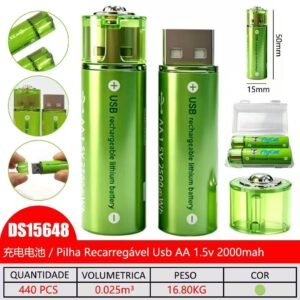 Pilha recarregavel usb AA C/2,1.5V 2000mah
