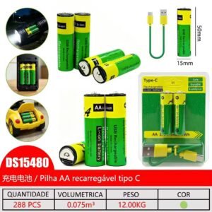 Pilha AA C/2 recarregavel c/cabo tipo C