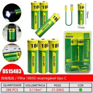 Pilha  18650  C/2,p/lanterna recarregavel c/cabo tipo C