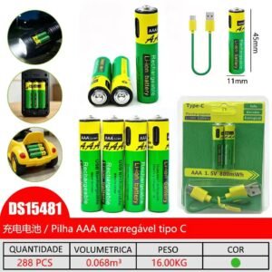 Pilha AAA C/2 recarregavel c/cabo tipo C